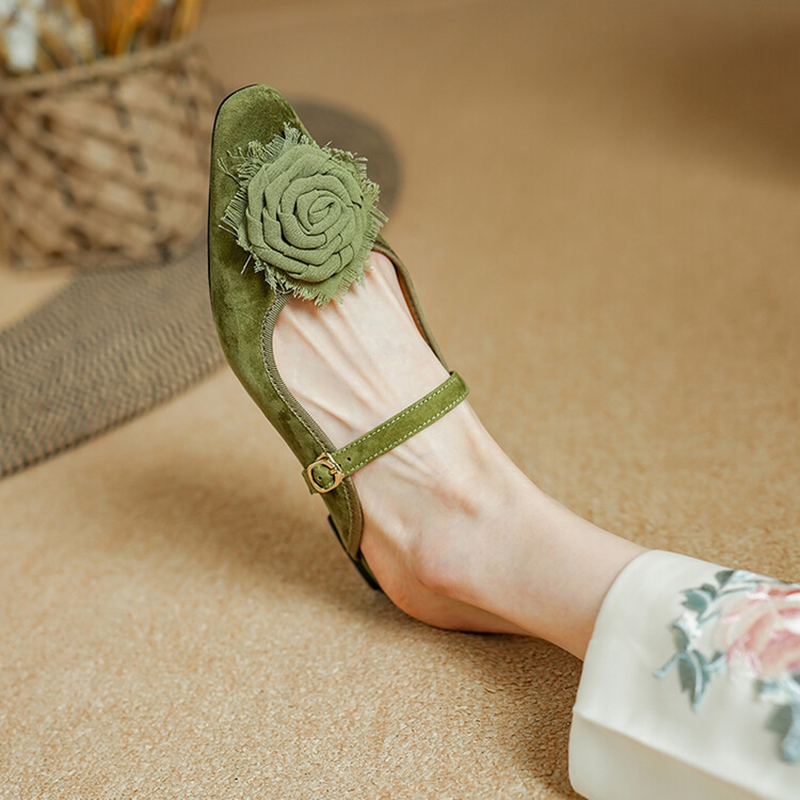NEW Summer Women Mules Sheep Suede Leather Shoes for Women Square Toe Low Heel Slippers Cover Toe Slingback Flower Green Sandals