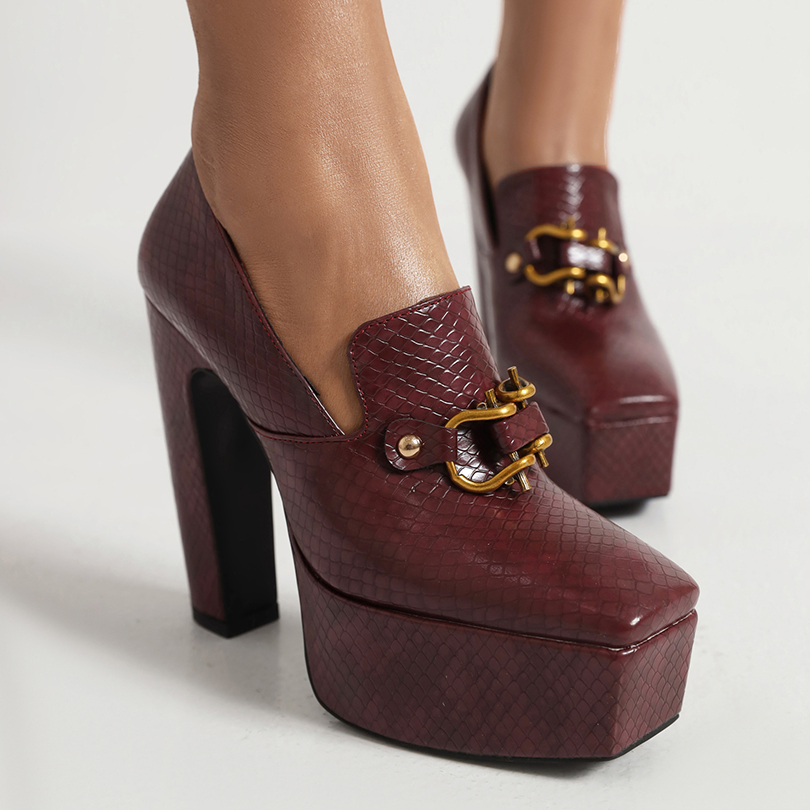 2024 New Stone Pattern Metal Buckle Ultra High Thick Heel Pumps Square Toe Waterproof Platform Rivet Breathable High Heels