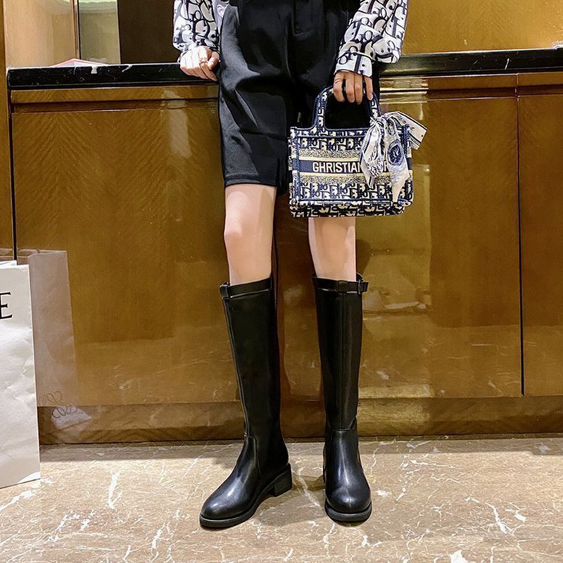 Women's Knee High Boots With Flat Thick Heel Leather Buckle Decoration Side Zipper Plush Inner Fashionable Cheap Boots