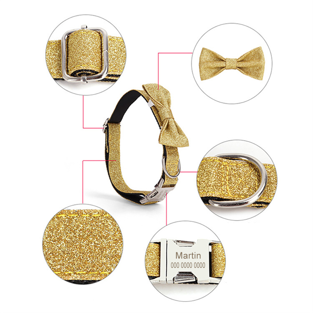Adjustable Sparkling Dog Collar Personalized Nylon Pet Collar, with Removable Bow Decoration Free Engraving ID Name Tag Collar