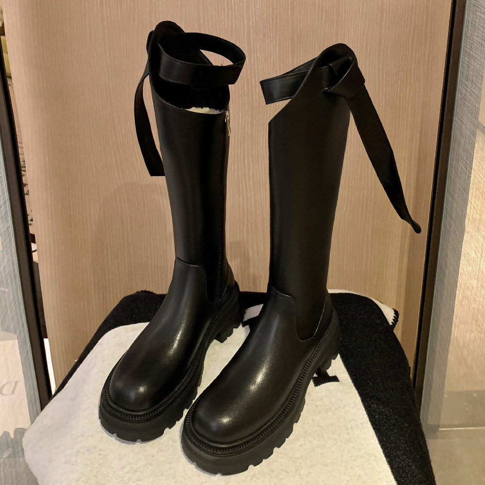 genuine Women's leather thick sole platform flats winter knee high warm plush belt punk long snow boots shoes for women 81a1