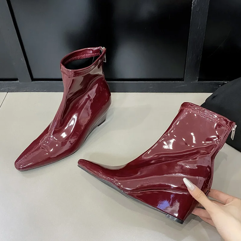 Eilyken Women Ankle Boots Fashion Patent Leather Pointed Toe Wedges High Heels Zipper Shoes Botas De Mujer 5940