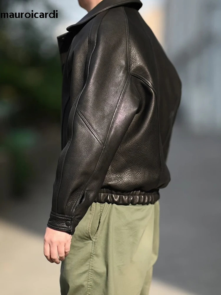 Mauroicardi Spring Autumn Cool Handsome Black Hard Pu Leather Jacket Men Zipper American Vintage Clothes 2024 240912