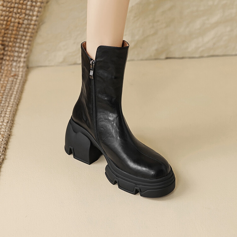 Autumn NEW Split Leather for Women Round Toe Chunky Heel Designer Platform Shoes Belt Buckle Girls Boots 896f Platm