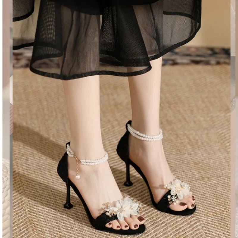 New Sweet Fairy Style String Bead Flower High-heeled Sandals Summer Elegant Banquet Wedding Brides Bridesmaids Women Shoes 31-43