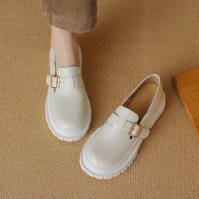 Spring NEW Loafers New Genuine Leather for Round Toe Chunky Heel Women Pumps Slip-on Buckle Platform Shoes 1804 Platm