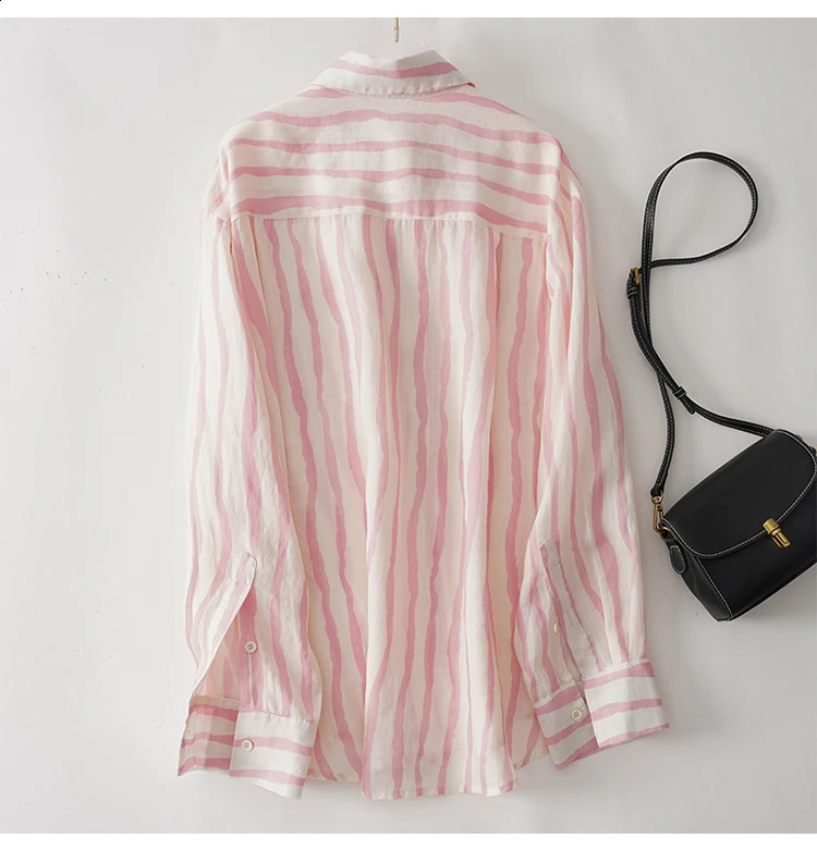 Retro striped womens shirt loose summer long sleeved top polo neck cotton linen womens shirt 240914