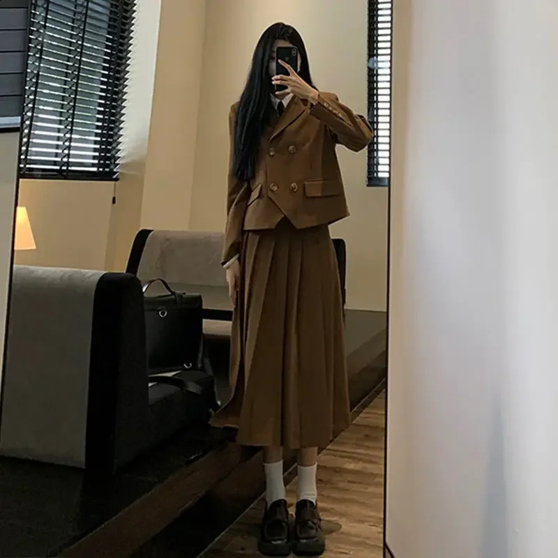 Womens fashionable casual suit 9-point dress two-piece autumn/winter solid color jacket set 240905