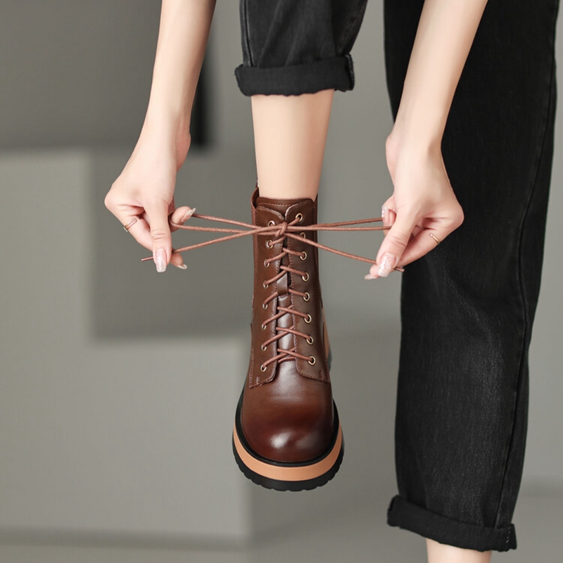 Autumn NEW Genuine Leather Round Toe Platform Height Increasing Lace-up Casual Solid Short Boots Women 7576