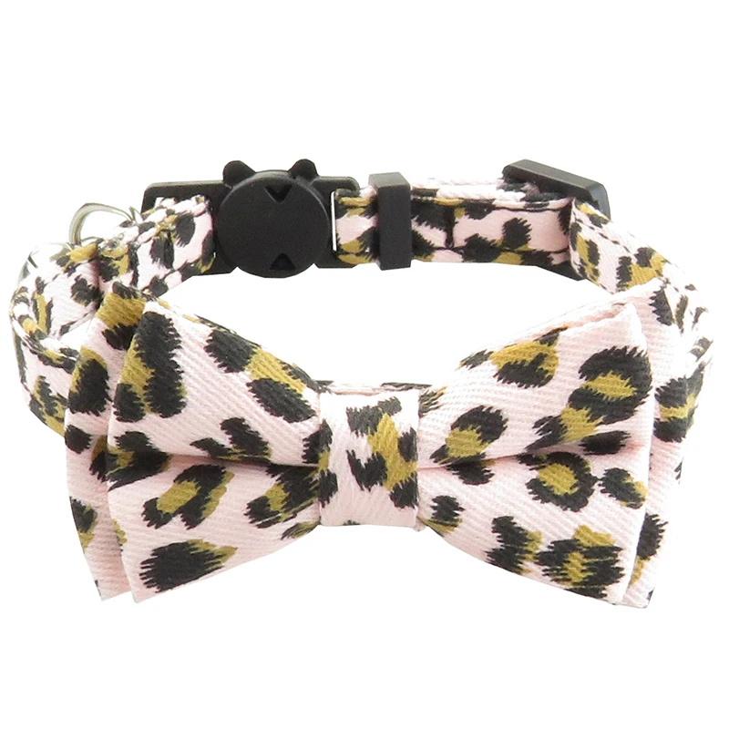 Leopard Pattern Cat Collar Breakaway Adjustable with Cute Removable Bowtie and Bell for Kitty and Other Small Dogs Pets Walking