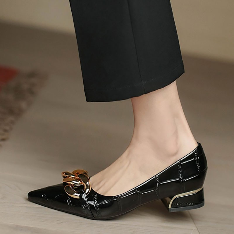 New Women Boat Shoes High Heels Snakeskin Pattern Pumps Pointed Toe Chain Slip on Low Heels Dress Shoes Shallow Office 1115N