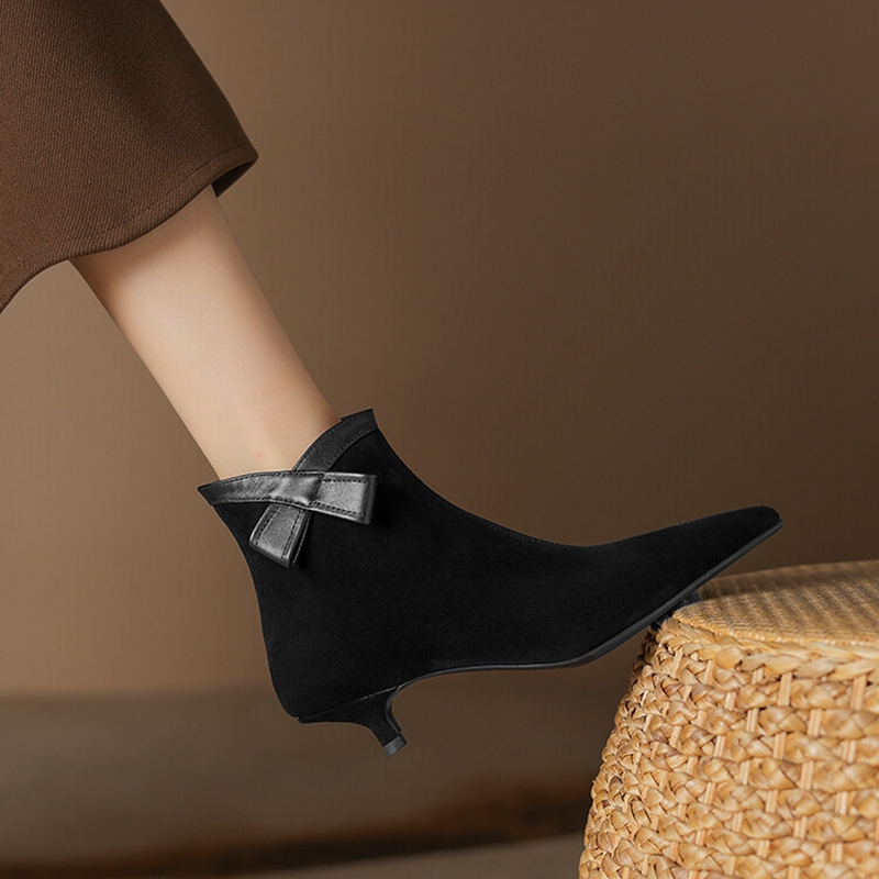 Autumn NEW Sheep Suede Leather for Women Pointed Toe Ankle Bow-knot Shoes Black Kitten Heel Modern Boots 5d3d