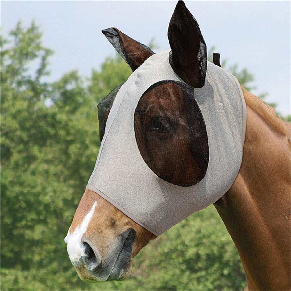 Anti Fly Stretchy Knitted Mesh Mask Ear Protection Fly Mask Bonnet Net Anti-Worms Equine Mask Horse Riding Equestrian Equipment