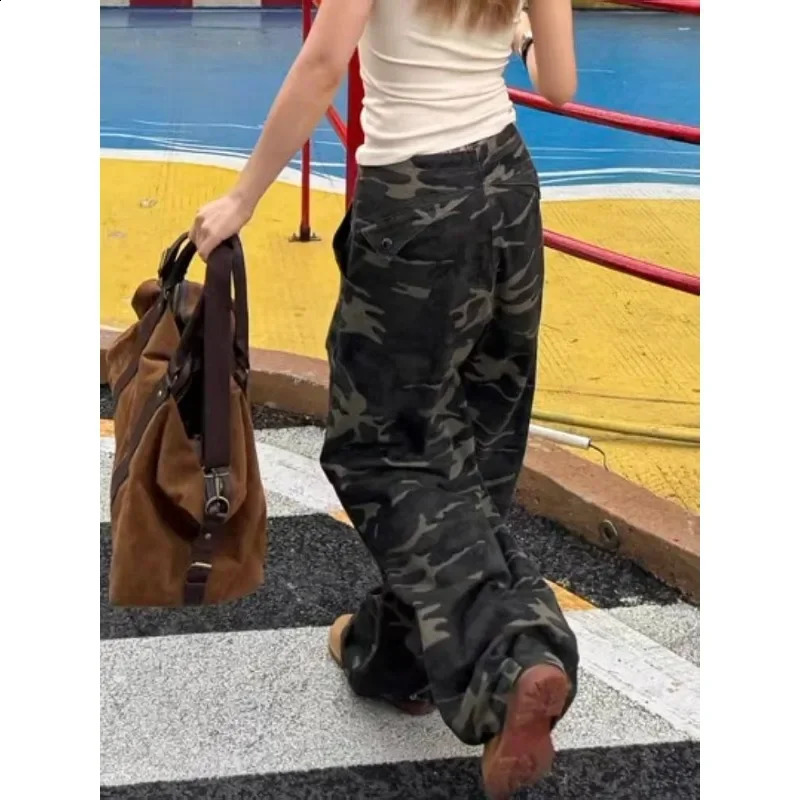 Deeptown Vintage Oversize Camouflage Cargo Pants Woman America Retro Casual Baggy Trouser High Waist Streetwear Wide Pantalones 240906