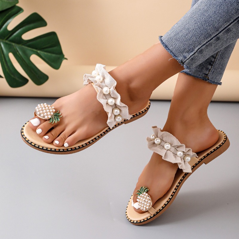 2024 Summer New Fashion Women's Slippers Solid Pearl Designer Shoes for Women Open Toe Flat Outdoor Beach Slides Plus Size 43
