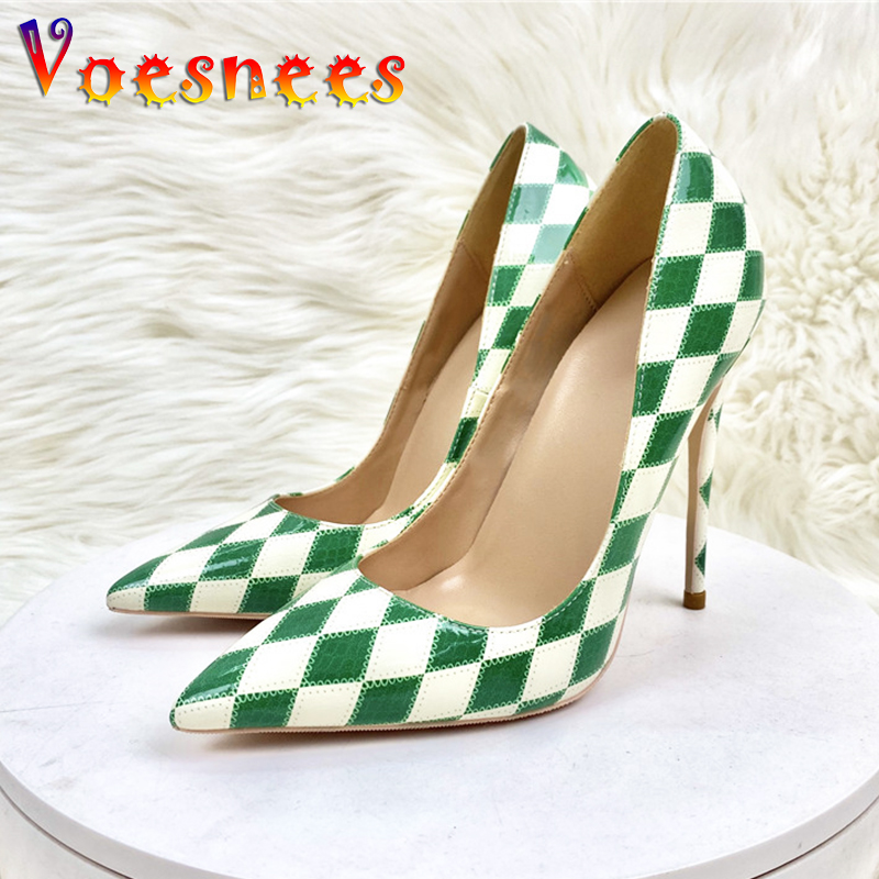 Women's Pointed Toe High Heels Hot With Rhombus Pattern New - 12Cm Fashion Color Matching Pumps For Spring & Autumn 2024