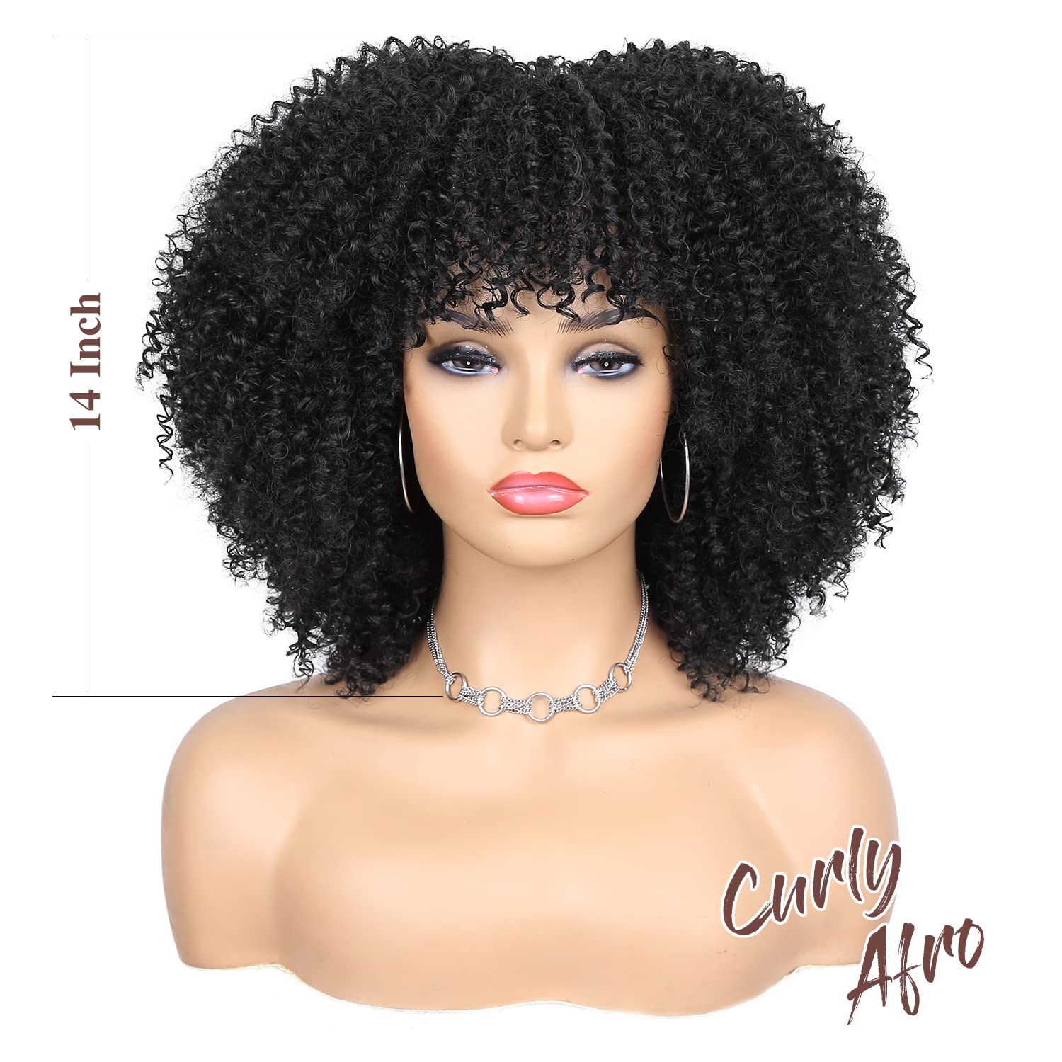 Afro Kinky Curly Wigs for Black Women Short Curly Wig with Bangs Curly Bob 14 Inch Natural Looking human Natural Black Full Wig