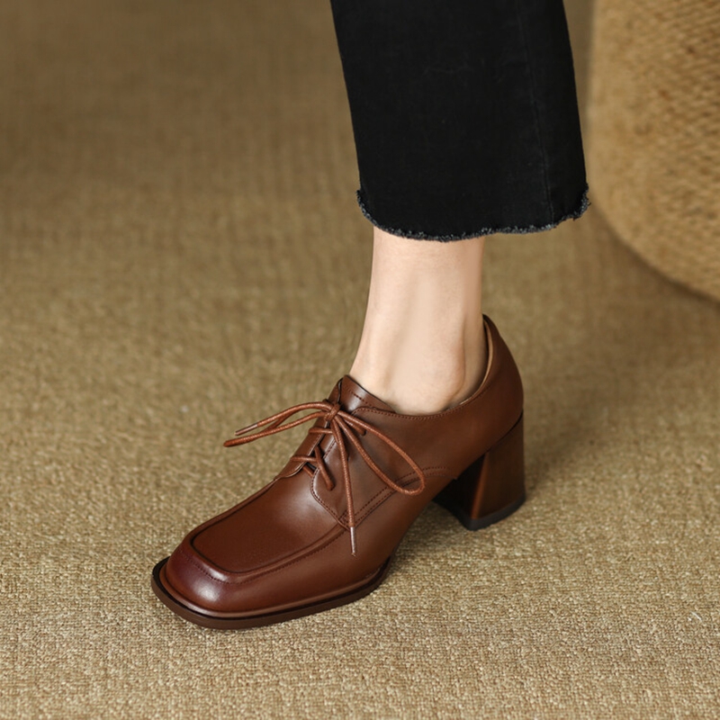 Spring 2023 Loafers Split Leather Pumps Round Toe Square Casual High Heel Women Lace-up New Shoes 0320