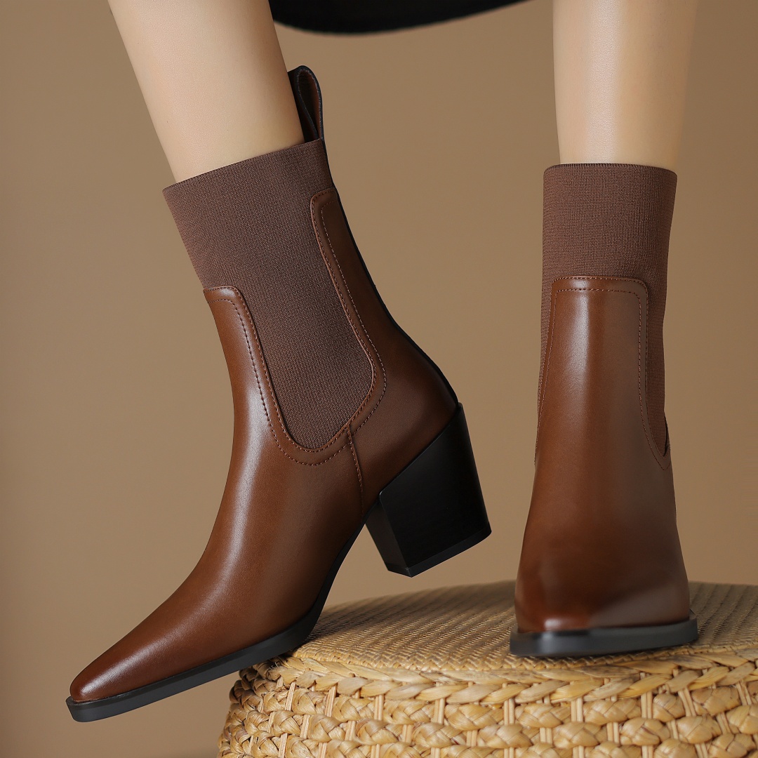 size Large 34-42 women's genuine leather elastic patchwork slip-on autumn ankle boots 7cm thick med heels elegant ladies shoes 995d