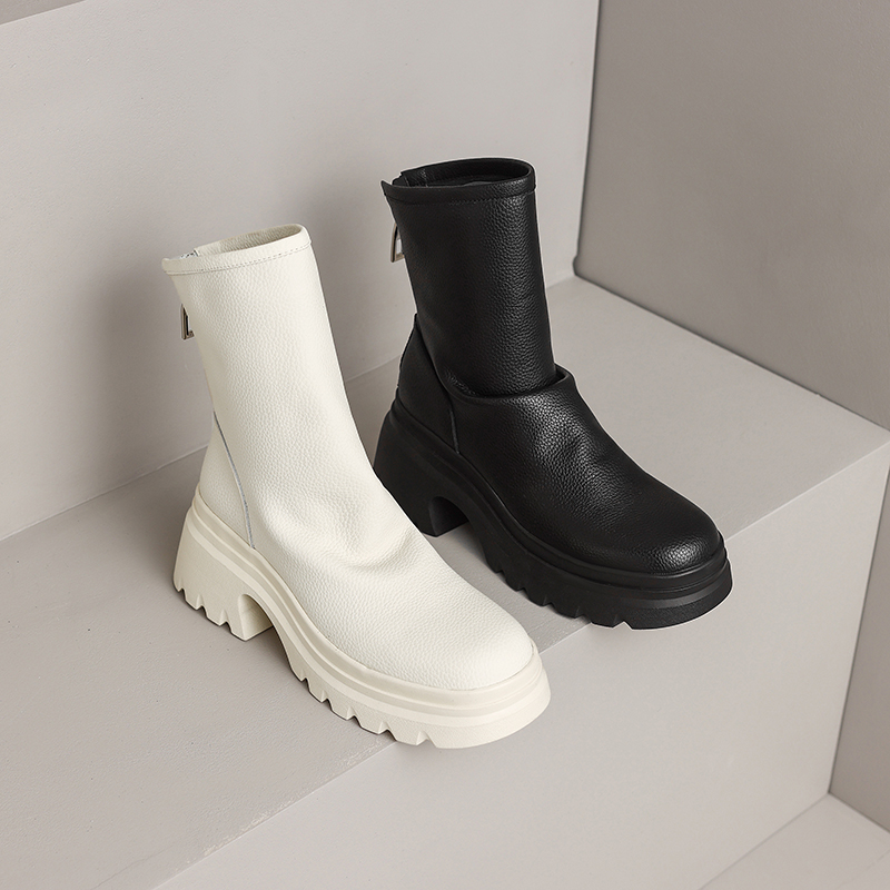 2024 Winter Leather Ankle Round Toe chunk Heel Platform Shoes Solid Casual Women Boots f8ca