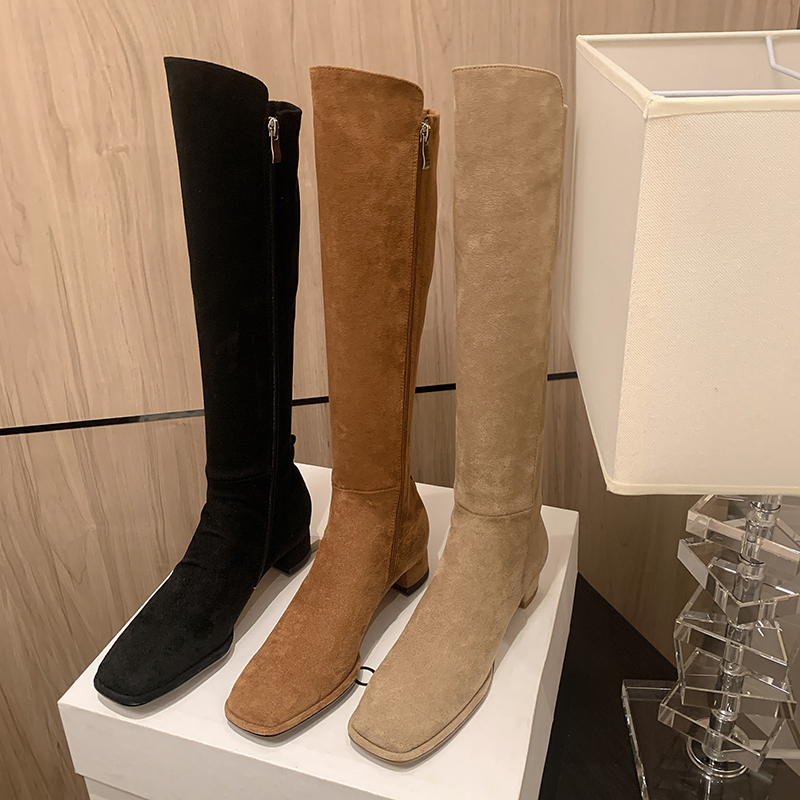 JOZHAMTA Size 33-41 Women Knee Suede Classic Chunky Mid Heels Shoes Woman Winter 2023 Retro New Zip Elastic Thigh High Boots
