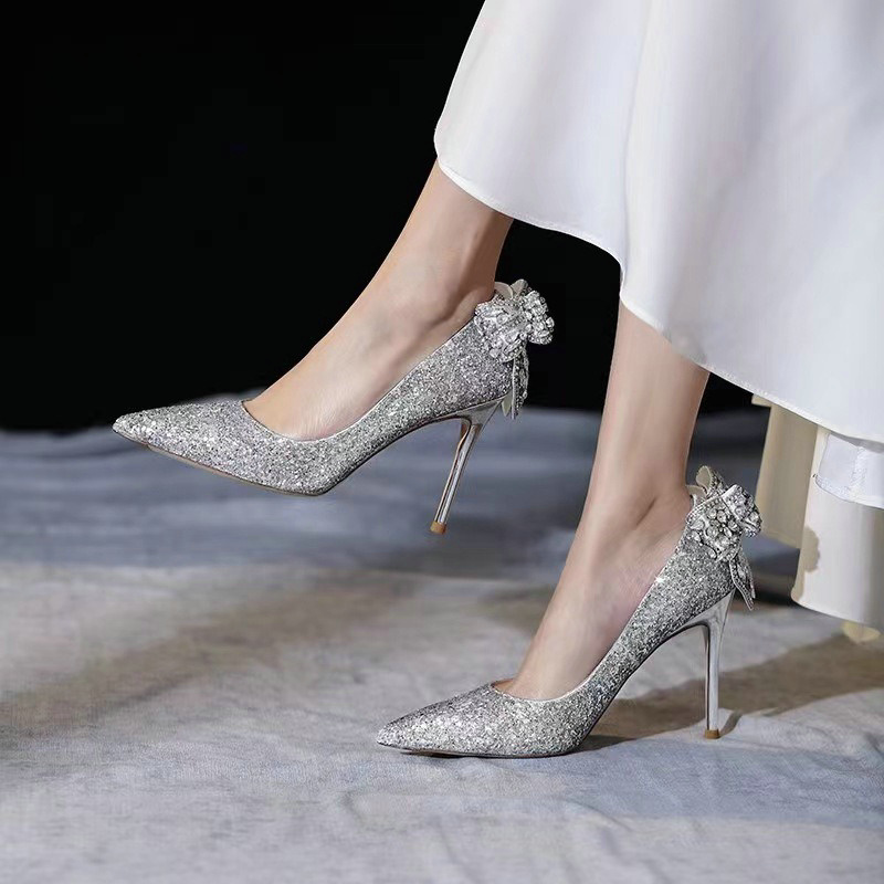 2025 new Pointy New Bow Sequin Crystal High Heels For Women Banqueting Princess Style Sier Bridal Wedding Shoes 5dea