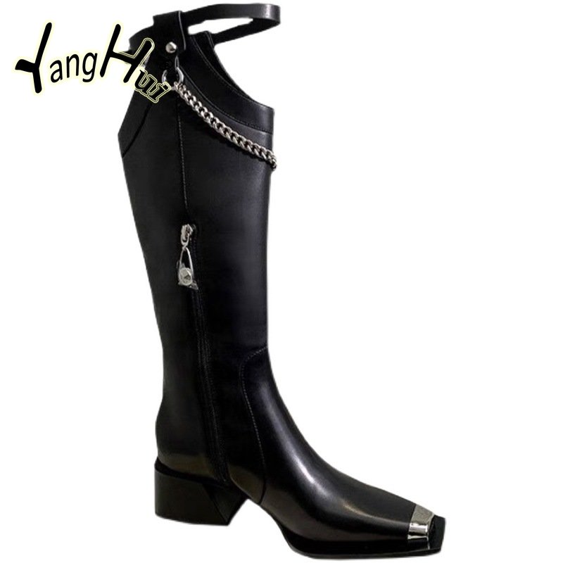 Knee-high Street Style Modern Boots 2023 New Irregular Chain Accessories Side Zipper Square Toe Thick Heel Pumps Shoes Winter