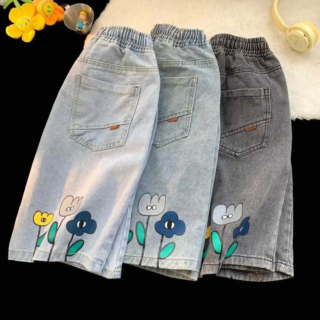 Wide-leg denim shorts mens trendy brand Korean style loose straight shorts summer American retro printed three-quarter pantsX240914