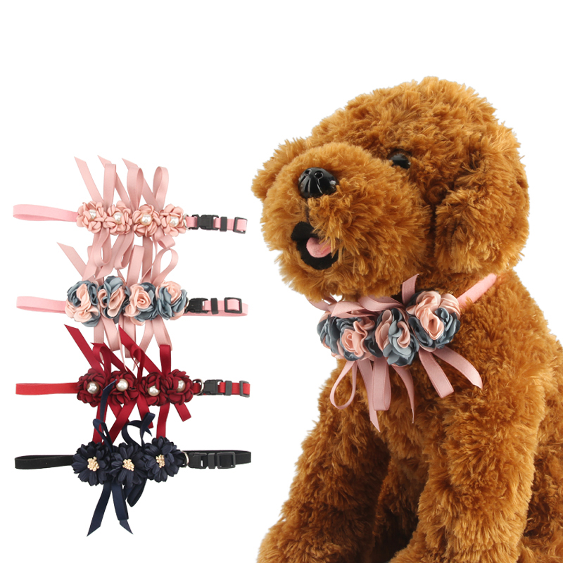 Pet Collar with Pearl Flower Decoration Adjustable Cat Collar for Wedding Party Pet Accessories Product for Kitten and Puppies