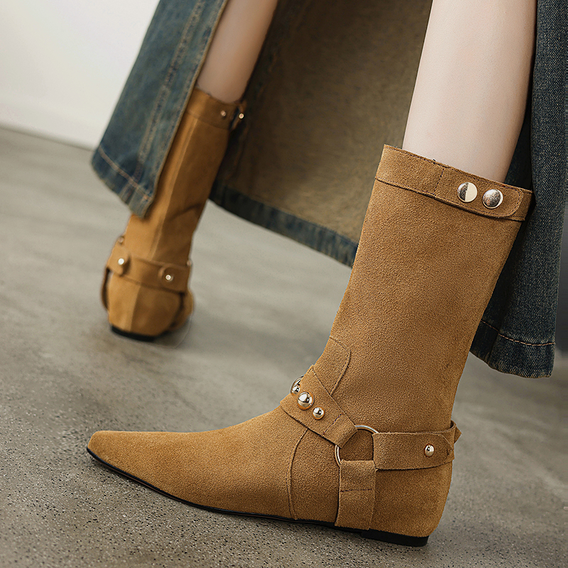 2024 New Autumn Winter Fashion Pointed Toe for Short Boots Women Shoes Chunky Heel Western 3bec