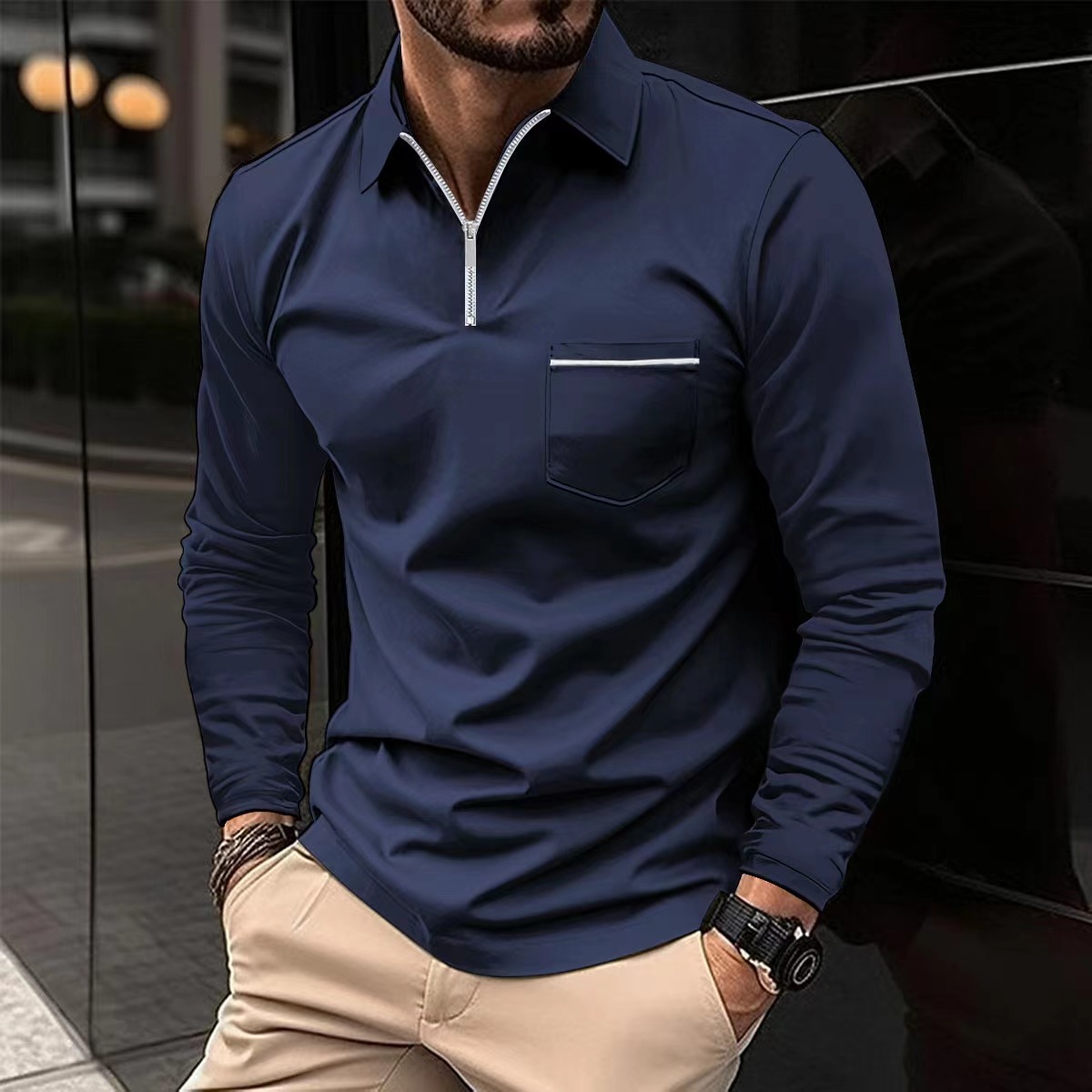POLO shirt Zipper pocket long sleeve sports polos shirts for men Summer cotton New Men's Casual Fashion Lapel Zipper Business Color Matching top 