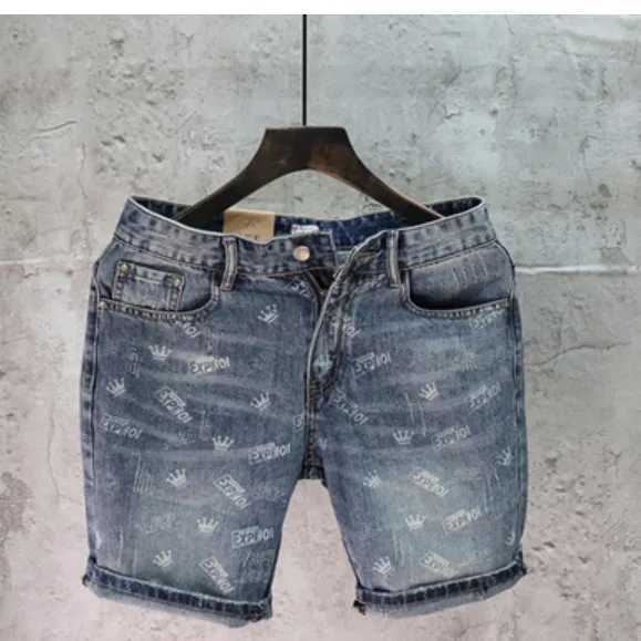 New Summer Luxury Clothing Denim Casual Short Jean Men Shorts Knee Length Washed Printed Fashion Korean Punk Trendy Cowboy PantsX240914