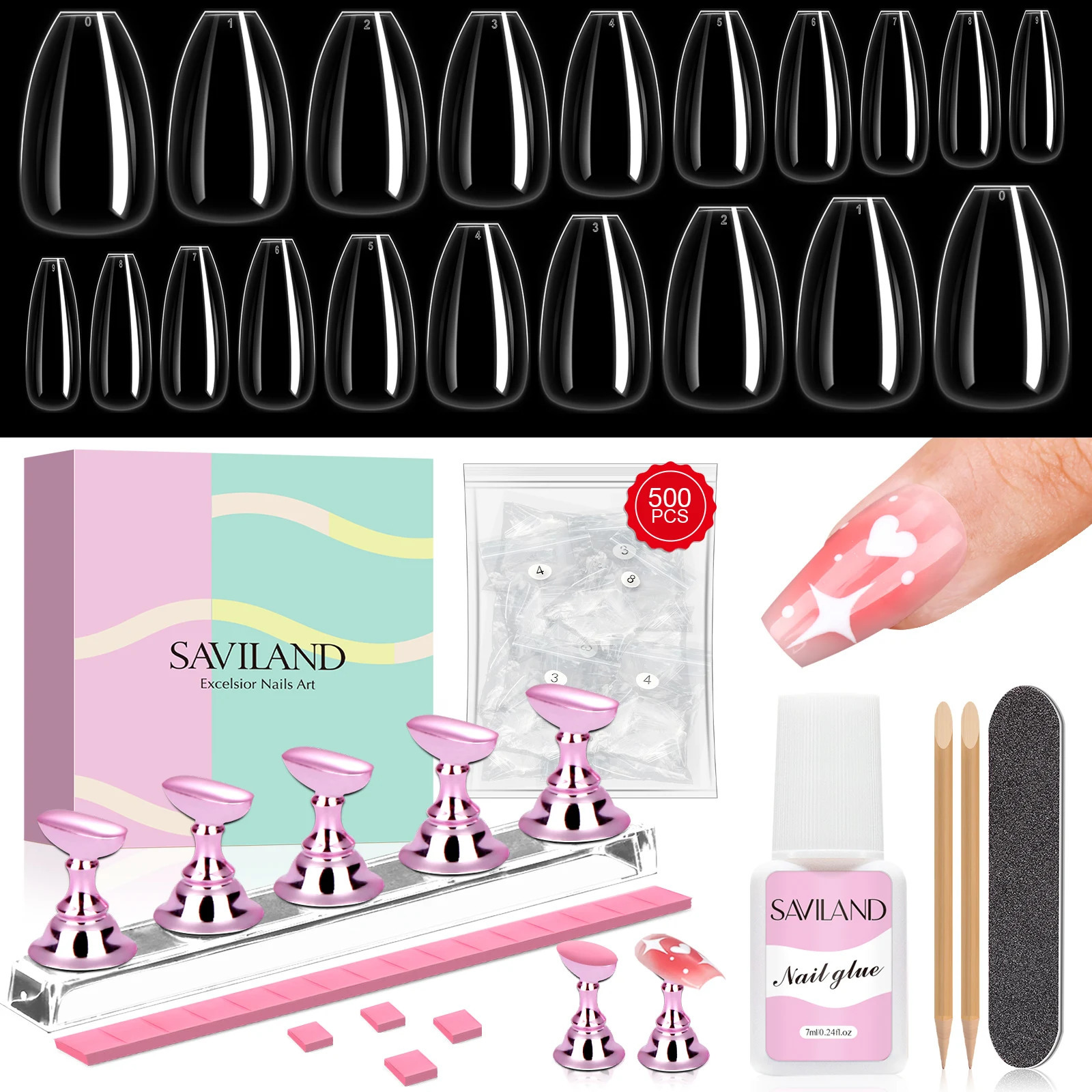 SAVILAND 500pcs Short False Nail Tips with Fast Dry Nail Glue False Nail Tips Gel Polish For Press On Nails Home Nail Art DIY 240914