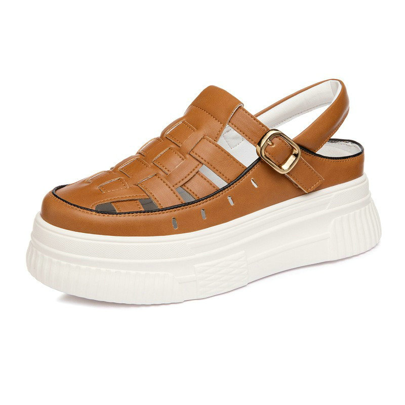 Inner Increasing Roman Sandals Female 2024 Summer New Woven Shoes Female Cowhide Leather Thick Sole Baotou Sandals