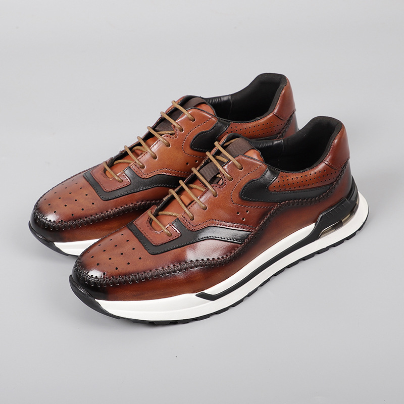High-end Men's Real Cow Leather Casual Shoes Fashion European 2024 Autumn Luxury Comfortable Solid Color Blue Brown Sneakers