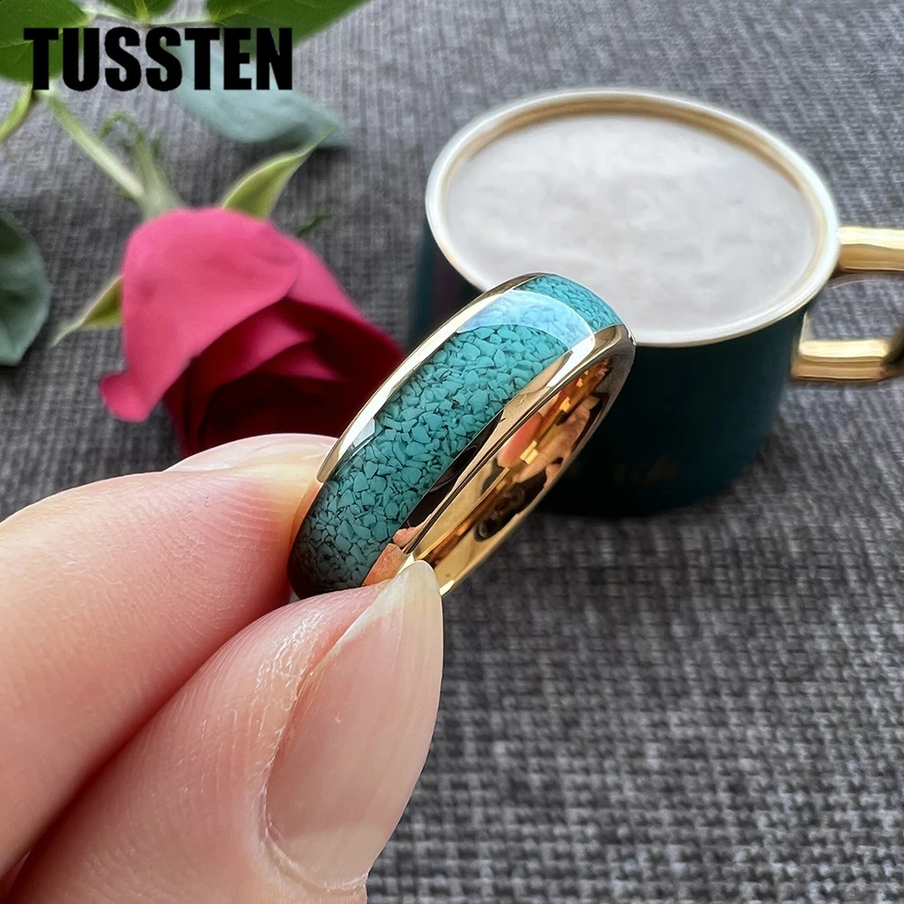 Drop TUSTEN 4/6/8MM Multico tungsten engagement and wedding ring for men with crushed turquoise inlay for a comfortable fit 240905