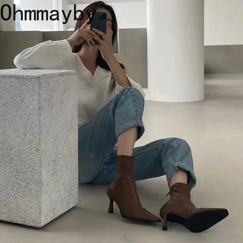 Toe Pointed Women Short Boots Fashion Zippers Slim Ankle Booties Thick High Heel Autumn Winter Ladies Shoes 7cbc