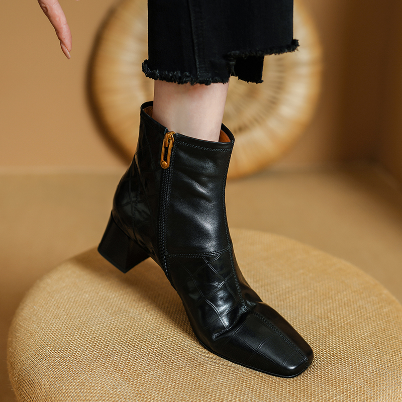 2024 Autumn Square Toe Chunky Heels for Women Vintage Leather Ankle Boots Ladies Shoes