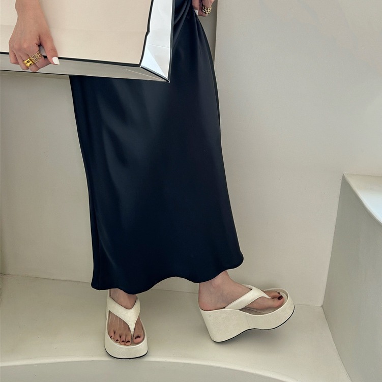 Shoes Female Beige Heeled Sandals Rubber Flip ps On A Wedge Low Summer Clogs Woman Ladies' Slippers Platform 2024 Black Hawai 7053 0b1