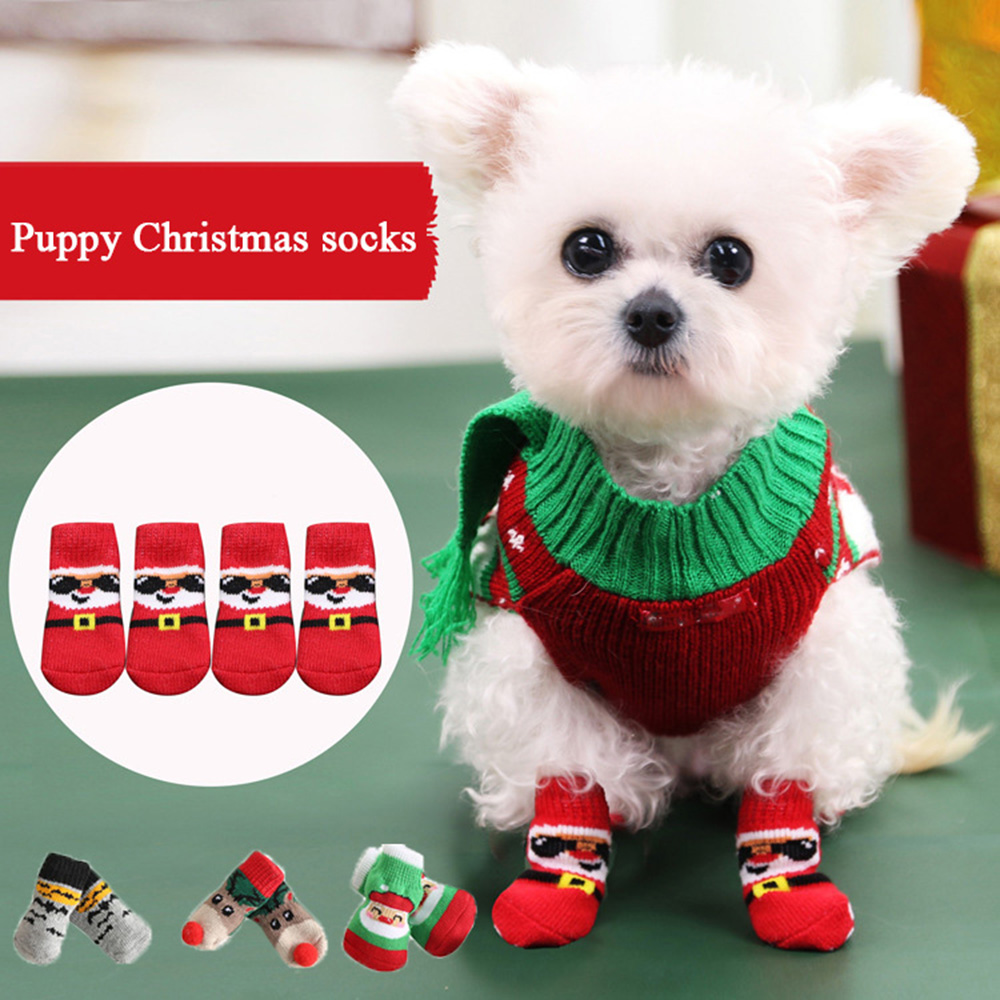 4pcs/set Christmas Winter Dog Socks Cute Pattern Foot Covers Warm Anti Slip Shoes Puppy Paw Protector Gift For Puppy Cat Dogs