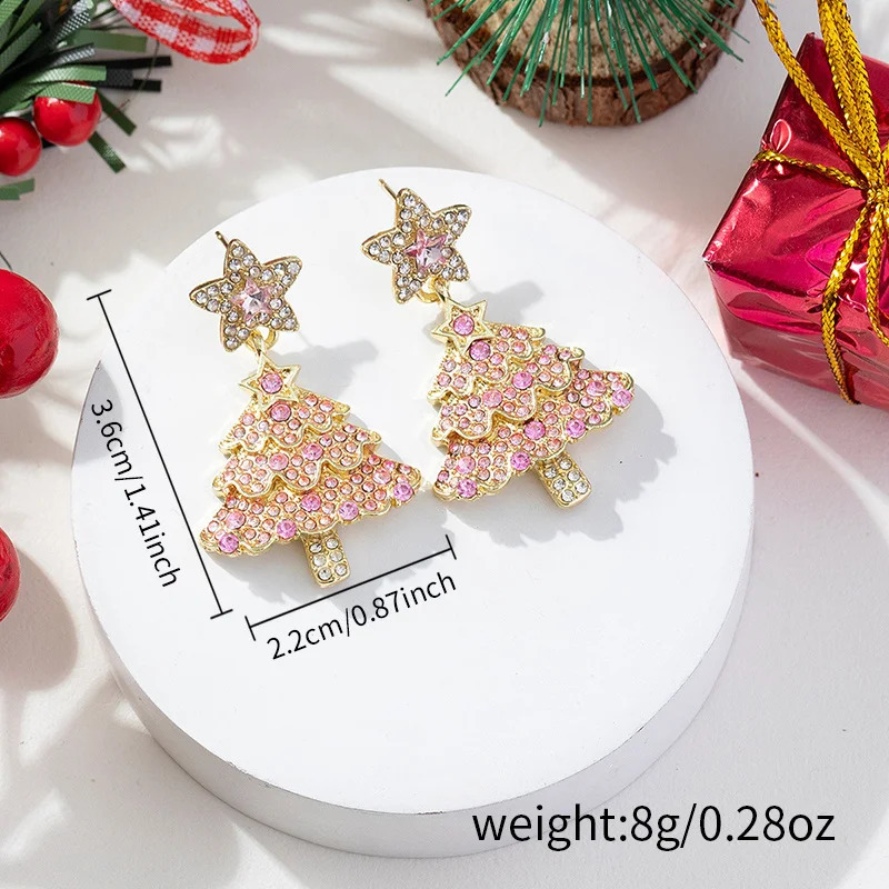 Sweet Pink Christmas Tree Earrings for Women Light Sparkling Zircon Dangle Earring Xmas Holiday Party Jewelry 240914