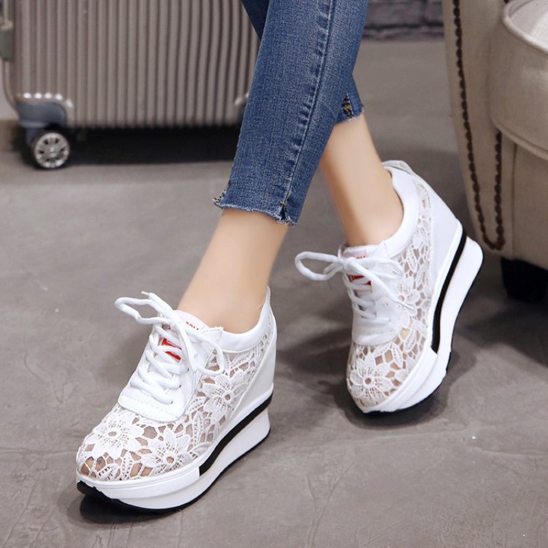 Womens Wedge Heel Mesh Sneakers Women's Shoes Thick Sole Sneakers Breathable Casual Shoes Lace Up Height Increasing White Tenis