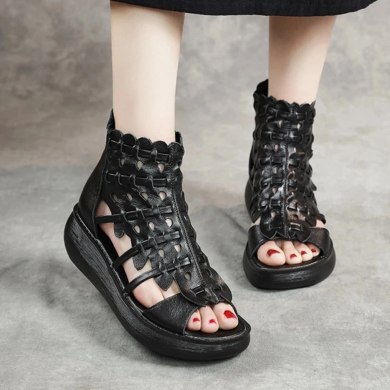 Summer New Retro Leather Thick-Soled Roman Sandals Fish Mouth Platform Shoes Women's Summer National Wedge Sandals