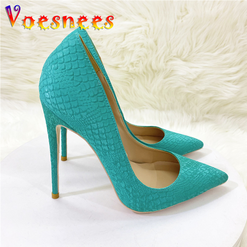 Voesnees Women New Snake Skin Pattern High Heels 12CM Pointed Toe Fashion Model Pumps Plus Size Blue Shallow Cut Single Shoes
