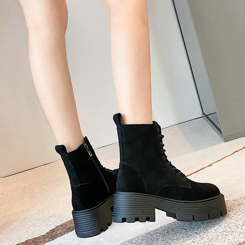 JOZHAMTA Size 34-41 Ankle Suede Thick High Heels Winter Shoes For Women Lace-Up 2025 Fashion Zipper Platform Boots