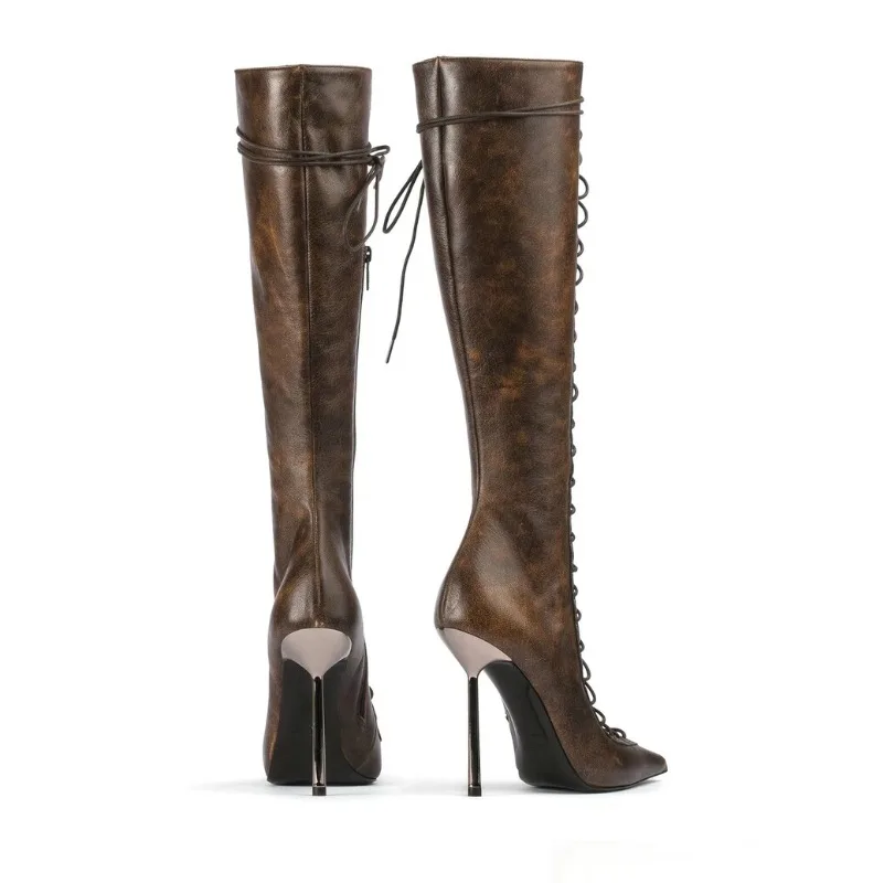 Brand Design Cross Strap Black Red Knee High Autumn Winter Fashion Pointed Spicy Girl Sexy Mid-calf Women Boots Size 34-43
