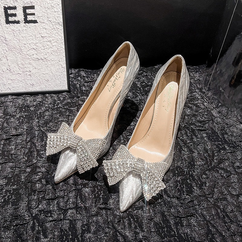 2024 New High-heeled Stiletto Pointy Diamond Bow French Fashion Sexy Single Shoe Bridesmaid Shoes
