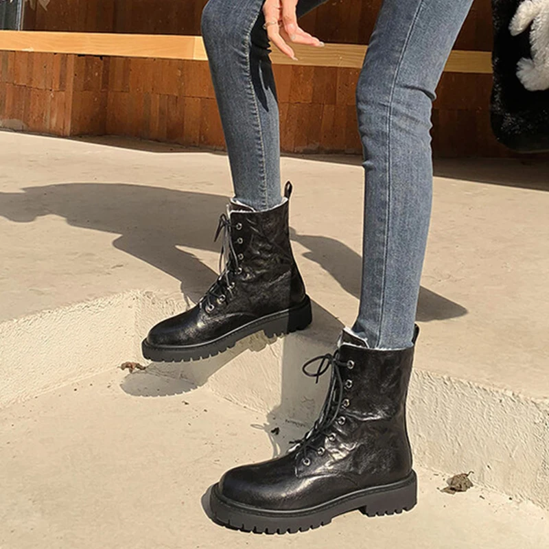 JOZHAMTA Size 34-42 Women Genuine Leather Wool Winter Ankle Warm Snow Platform High Plush Motorcycle Boots Shoes