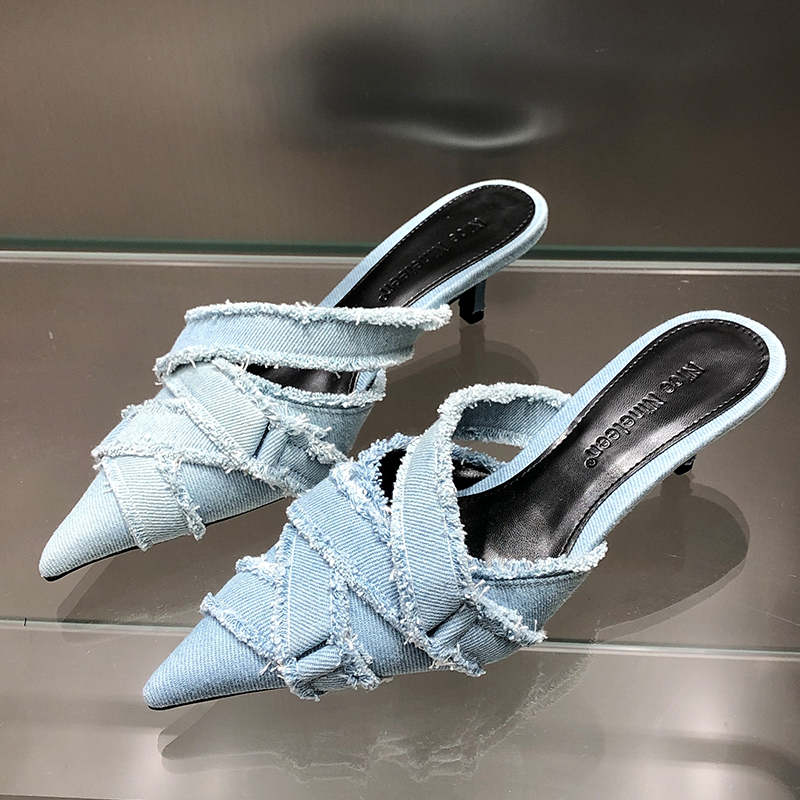 Heel Medium For Ladies 2023 Designer Fashion Denim Female Pointed Toe Pumps Heels Mules Slides Elegant Women Shoes 049d s