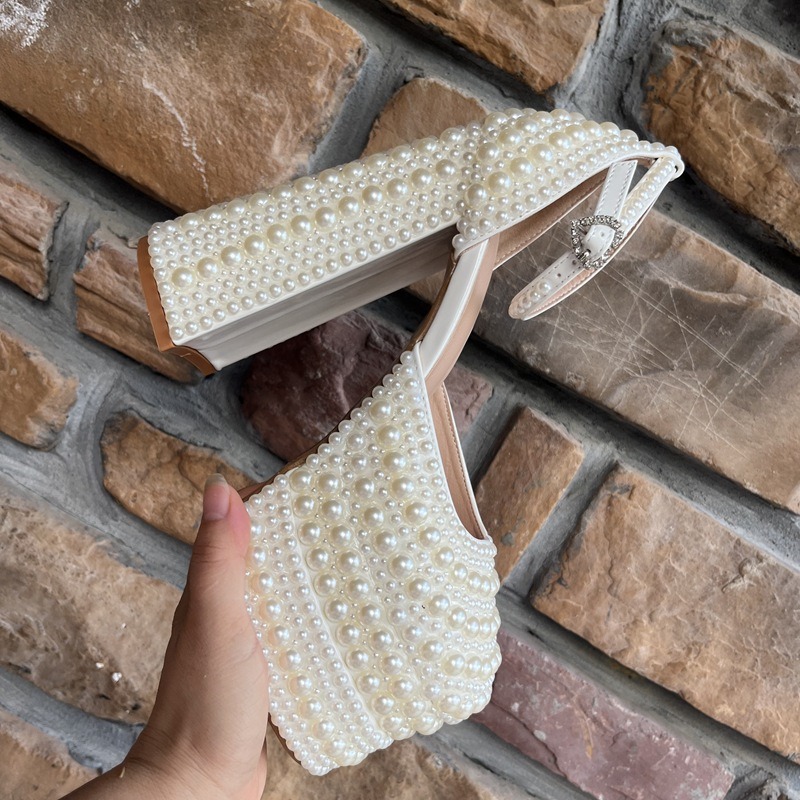Brand Handmade Inlaid Pearls/rhinestones Sandals Wedding Bride Party Bownot Nightclub Steel Pipe Dance High-heeled Shoes Size 42